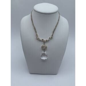 Napier Silver Tone Rhinestone Teardrop Crystal Pendant Necklace 16” + 2”